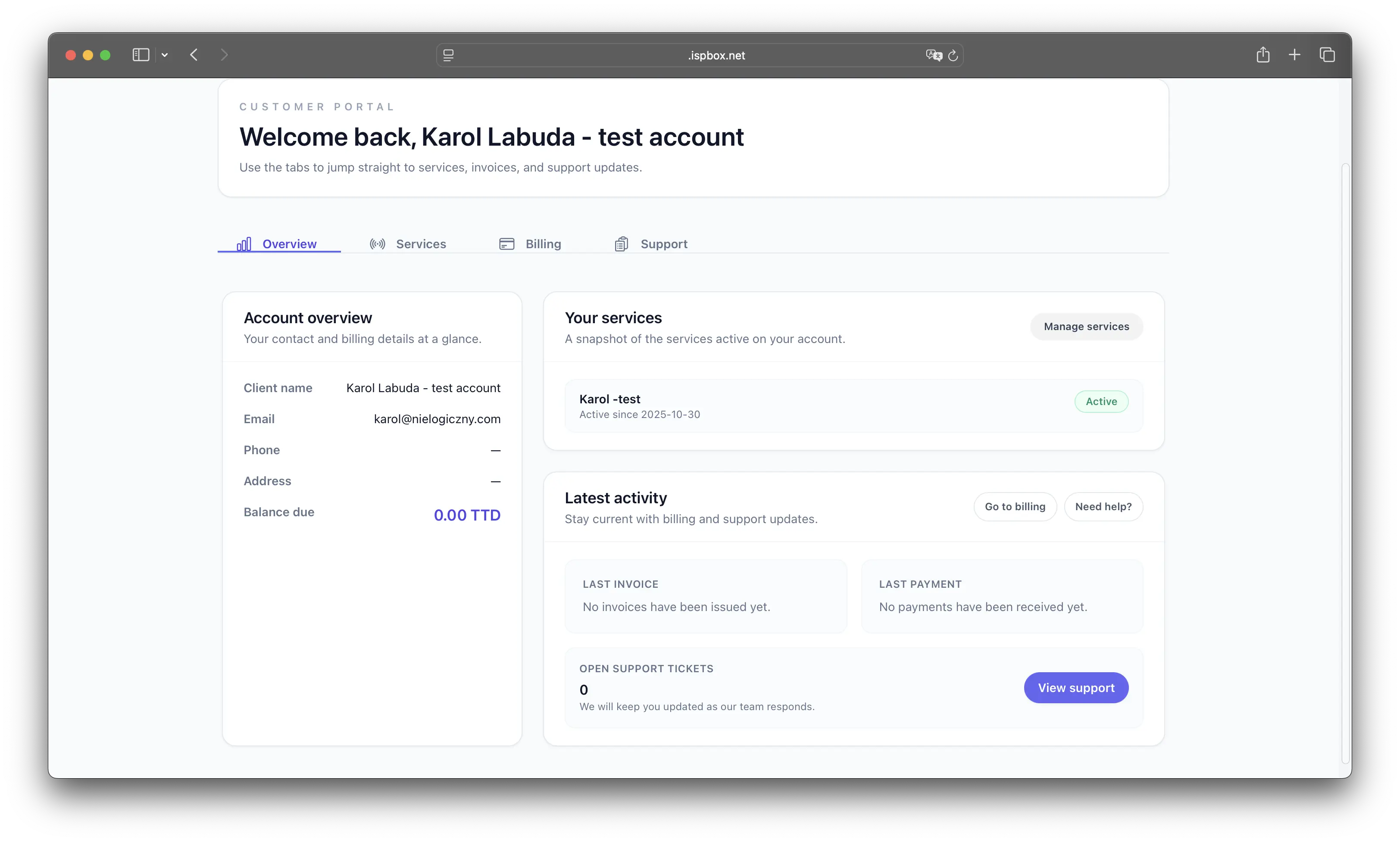 ISP customer portal dashboard